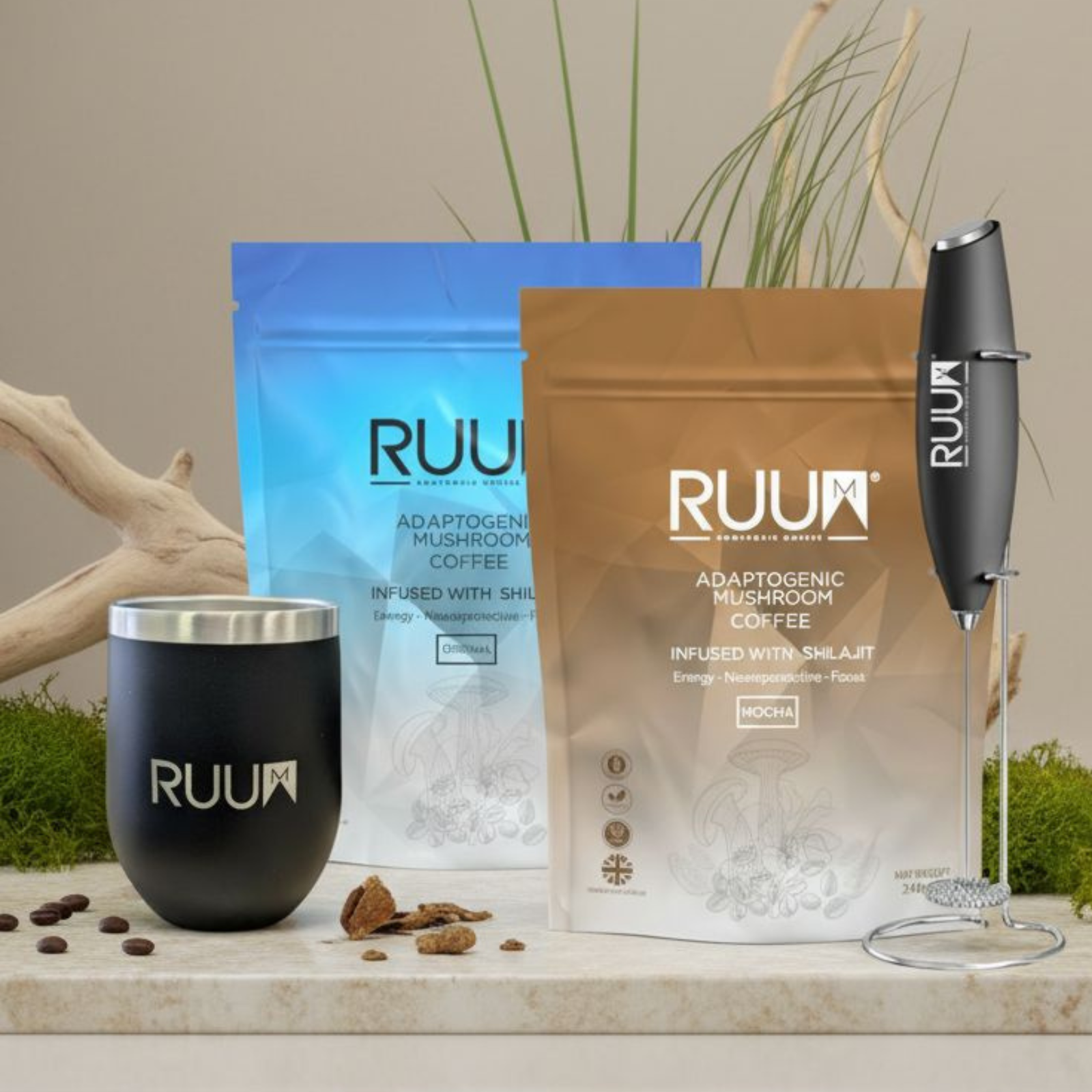 RUU coffee packaging, black cup, and milk frother on a neutral background